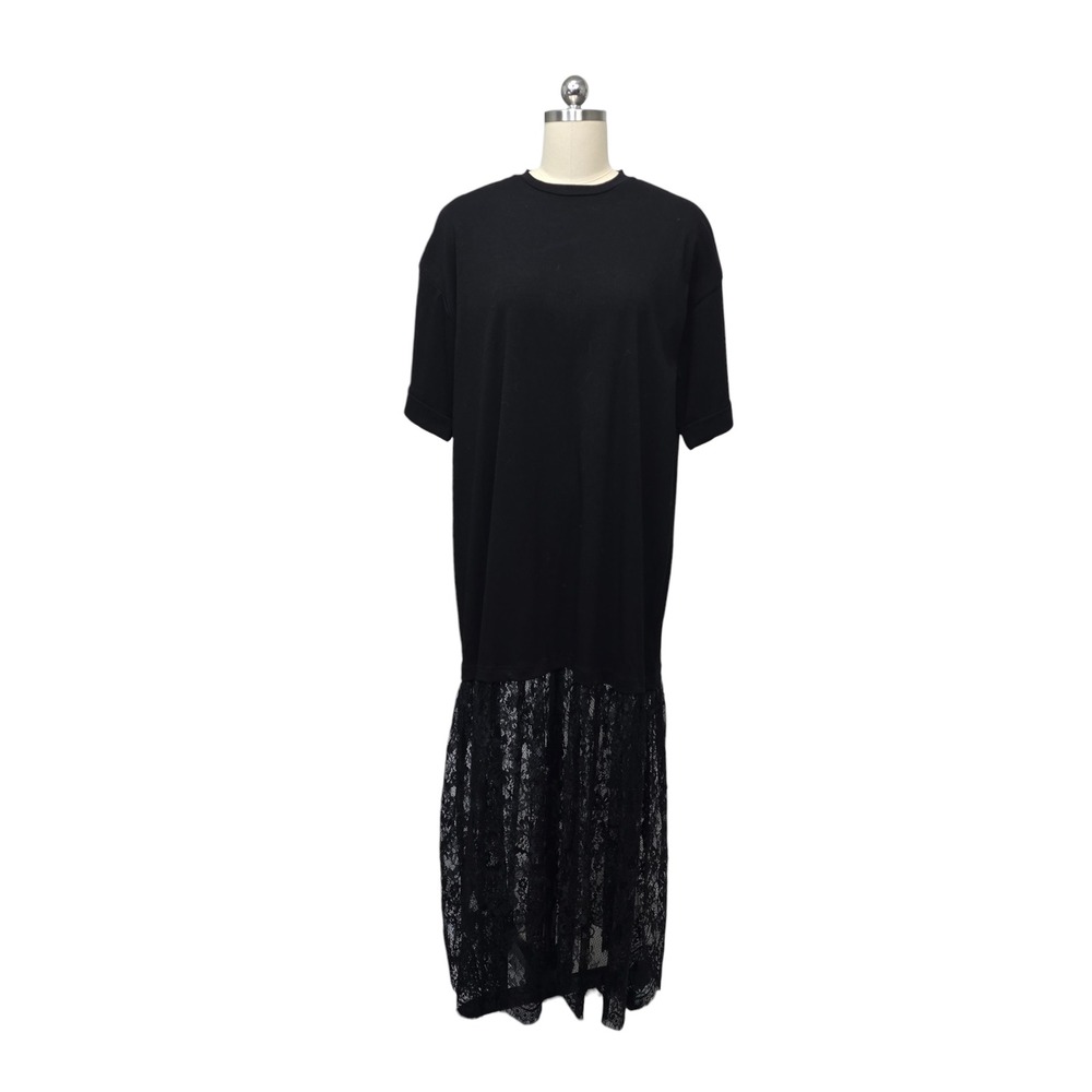 NWT Mable Black Lace Trim T Shirt Dress‎ Midi Casual Womens Size S
